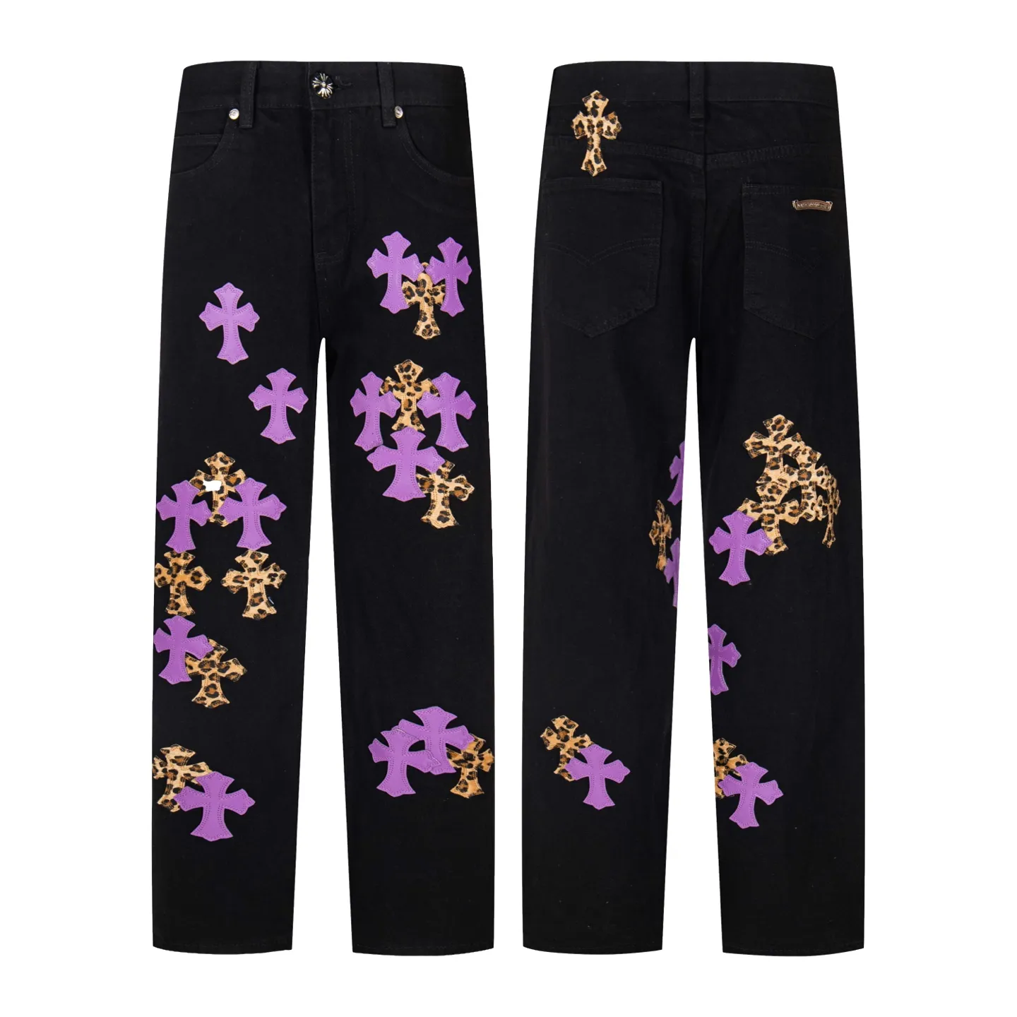 P240 Chrome Hearts black denim jeans with purple leopard print. CH jeans need to be washed and then disassembled and hand-stitched with sheepskin cross leather and then spliced ​​together. The whole piece has too many craftsmanship to explain. The patchwork cross pattern is embellished, and the high-waisted washed jeans! ! Absolutely high-end luxury products, god-level single products and super popular products, made with top heavy industry, a must-see magic weapon. Customized hardware. The fabric is thick and soft after washing. It has good breathability. Customized small leather label. Unique design. The details are simple and elegant, and the workmanship is exquisite. The entire trousers are neatly routed and the details are in place! It’s so cool that both men and women can easily control the genderless trend! Style number: 1798# Color: black Size: 28 30 32 34 36